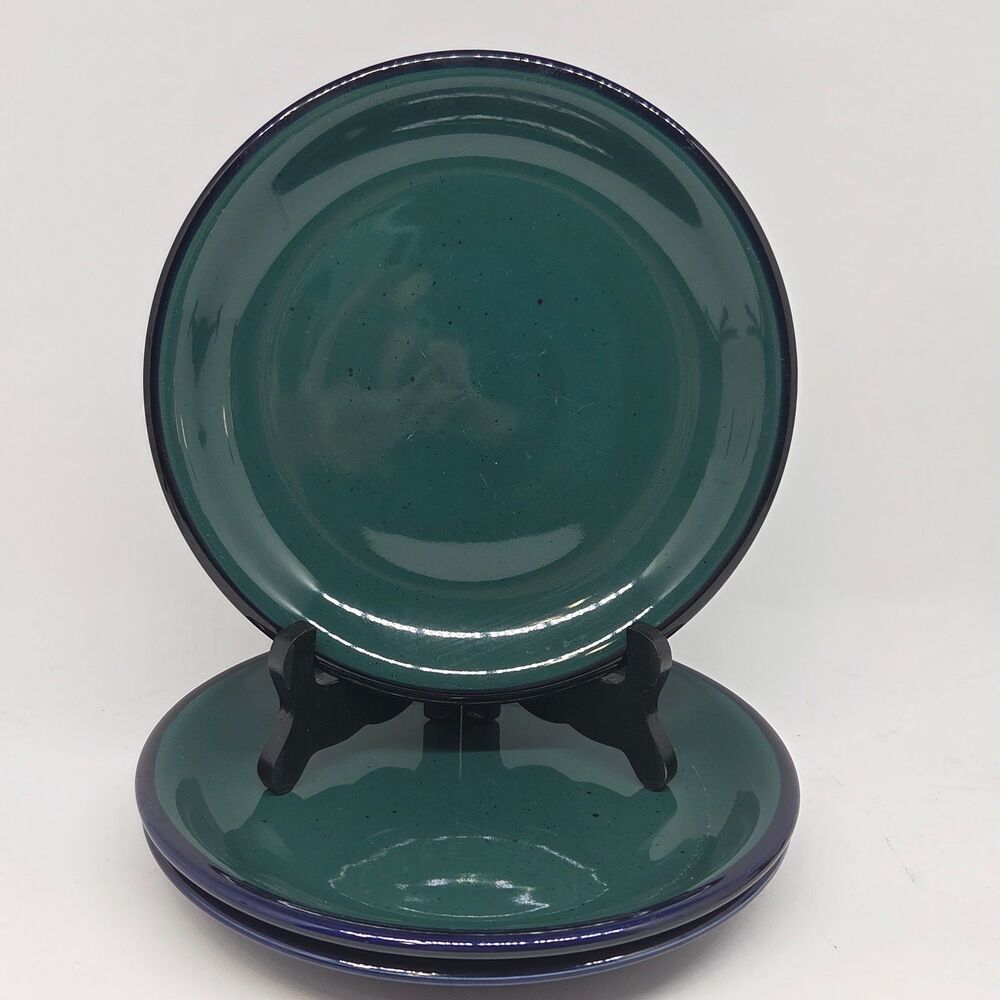 Culinary Arts "IMAGES" Stoneware Set Of 3 Green Top Blue Bottom 7 3/4" Plates VG